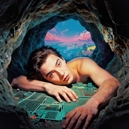 pop art portrait of a giant emerging from its slumber deep in a cave of silicon out into an amazing world, 55mm film