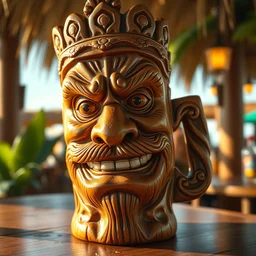 a closeup photorealistic photograph of ben grimm's face on a tiki mug at a trader vic's beach bar. fantastic four. tiki culture. bright scene. fine detail. this 4 k hd image is trending on artstation, featured on behance, well - rendered, extra crisp, features intricate detail, epic composition and the style of unreal engine.