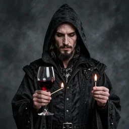 strahd von zarovich holding a glass of red wine and a lit match, realistic, grim