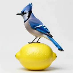 a Bluejay sitting on top of a Lemon by Jeff Koons