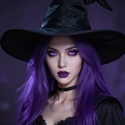 an insanely detailed portrait of a beautiful witch with long purple hair, black witch hat, purple irises, in the style of peter mohrbacher, artgerm, dramatic lighting and composition, octane render, trending on artstation, concept art 8 k