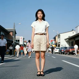 color photography portrait of a woman on the street, full body, sky, 1 9 9 0 japanese photograph magazine.