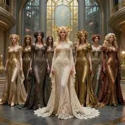 a group of rich fantasy crearures with various, elaborate, intricate, silken, flowing, crocheted, gowns and robes, well dressed, stand in a cyberpunk, art nouveau hall, steel architecture, large glass windows, gold, well lit, high fantasy, octane render, alphonse mucha, jesper ejsing, aesthetic, matte painting concept art, fanart, behance, beautiful