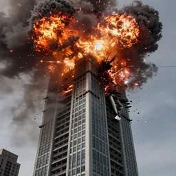 explosion on the roof and the fall of the militech skyscraper, bottom viev, ultra realistic, 4 k