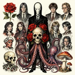 artwork by hp lovecraft, h. r. giger, aaron horkey, amanda sage, alex grey, frank stella, anne stokes, alena aenami, andre masson, angus mckie and akira toriyama. roses, skull, tentacle, octopus, mushroom, fungi, bio - mechanical, horror, design. artstation, trending, uhd, 4 k, detailed, award - winning.