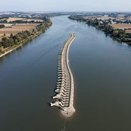 wide landscape photo of river in that follows the distinct shape of a human spine, drone photo, golden hour, lush green vegetation