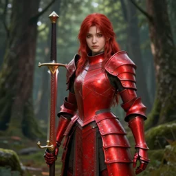 a girl with long red hair wearing a red plate armor and hding a big red sword in a forest, 3d render, octane render, unreal engine 5, 8k hdr, hyperrealistic, highly detailed, high quality, concept art, trending on Artstation, fantasy armor