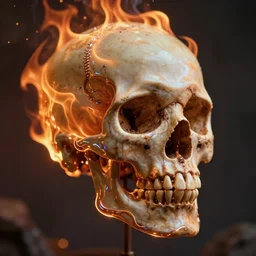 human skull enveloped in a liquid flame simulation, fiery tendrils, glowing highlights, intricate, cinematic, hyper realism, 8k, depth of field, bokeh, iridescent accents, artwork by Tooth Wu and wlop and greg rutkowski