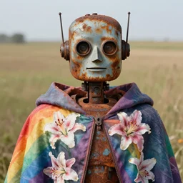closeup portrait of a rusted robot wearing a cloak made of rainbows and lilies, in an empty field, by Annie Leibovitz and Steve McCurry, natural light, detailed face, CANON Eos C300, ƒ1.8, 35mm, 8K, medium-format print