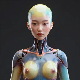latex woman hybrid with asian facial features, bulbous head, symmetrical full torso long neck, sci - fi bio - organic, oled, colorful latex, octane render, photorealistic, designed by ikeuchi hiroto