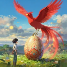 optimism, the solarpunk phoenix, red bird, ornate egg, regeneration, landscape, epic composition, volumetric light, bokeh, painting by ilya kuvshinov and by makoto shinkai
