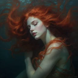 heavenly goddess of the ocean portrait of a seductive red haired beauty dreaming in underwater murky light, wind blown hair! dark fantasy esoteric, closeup, d & d, fantasy, intricate, elegant, highly detailed, digital painting, artstation, concept art, matte, sharp focus, illustration, art by artgerm and tom bagshaw and greg rutkowski and alphonse mucha