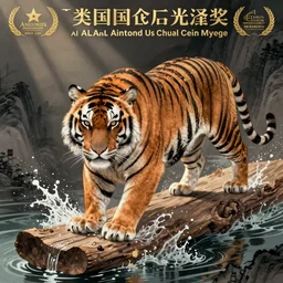 a mighty tiger on a wood splashing water, Chinese Art