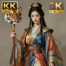 an anthropomorphic beautiful goddess male wizard made of tiger portrait holding a staff wearing colourful robe, fine art, award winning, intricate, elegant, sharp focus, octane render, hyperrealistic, cinematic lighting, highly detailed, digital painting, 8 k concept art, art by jamie hewlett and z. w. gu, masterpiece, trending on artstation, 8 k