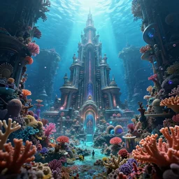 inside a magtical underwater coral reef city, extremely detailed, 8k, HDR, award-winning, octane render, trending on artstation, volumetric lighting