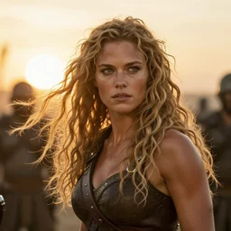 epic photo of muscular jessica biel as beautiful barbarian warrior princess with long curly blonde hair blowing in the wind in a battle scene, sweaty, detailed eyes, neutral expression, shallow depth of field, photorealistic, cinematic lighting, lovely bokeh, warm colours, sunset south, strong rim light, movie quality, willow 1 9 8 5, movie still