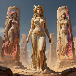 giant stone monuments,  statues across the desert, neon, tribal, goddess, fibonacci, sweat drops, insane, pinup, intricate, highly detailed, digital painting, artstation, concept art, smooth, sharp focus, illustration, Unreal Engine 5, 8K, art by artgerm and greg rutkowski and alphonse mucha