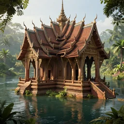 1 6 k unreal engine render of an ancient never seen before thailand high detail temple. complex architecture with intricate pilars. high detailed water., river, jungle background. afternoon light. hyper realistic render, digital illustration, trending on art station