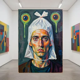 an empty room in the style of constructivism, exhibition of paintings, trash bag on head, risograph grainy painting, blurred, acrylic paint, high resolution, gouache on canvas, ultra detailed, vibrant colors, grotesque, wrapped thermal background, slimey, by francis bacon, beksinski painting, close - up wide portrait