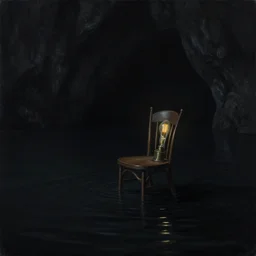 painting, chair under an edison bulb in empty black space, black cave lake, cgsociety, flikr, steampunk, surreal, extreme contrast, sunken in black water, void