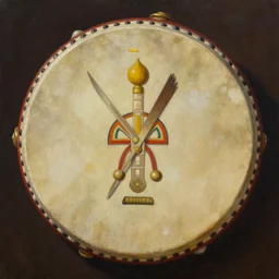 a close up painting of a decorated shamanic drum, beautiful colors, matte painting, by christophe vacher