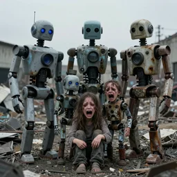 the most creepy family photo of robots, 35mm lens, post apocalyptic, sadness, depression, screaming, crying, a dumping ground