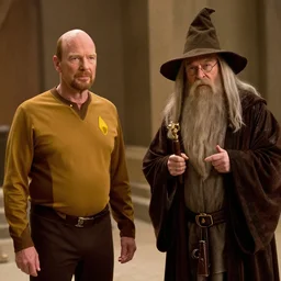 wide view long cinematic shot, film still of patrick stewart as jean - luc picard and ian mckellen as gandalf wearing the sorting hat from harry potter, warm lighting, photorealistic, realistic, detailed, 2 4 mm, 8 k