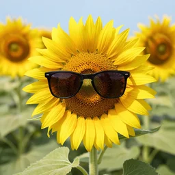a sunflower wearing sunglasses in a sunflower field on a bright sunny day, close up, dslr photo