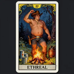 ethereal dramatic tarot card painting of a shirtless handsome! fat mischievous cowboy | background is a dark night with a serene campfire | tin cans and jugs of whisky | tarot card, art deco, art nouveau | by Mark Maggiori | trending on artstation