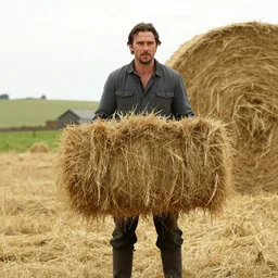 Film still of Christian Bale, bailing hay, in new movie called the Hay Bailer