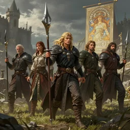 a hyperrealistic render of a medieval troupe, outdoor, art by Artgerm and aruurara and Greg Rutkowski and Alphonse Mucha, hearthstone art style, epic fantasty card game art, Beautiful dynamic dramatic moody lighting, shadows, cinematic, Octane, 8K