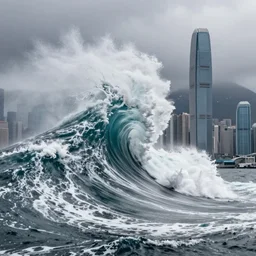 a tsunami wave hits Hong Kong island, hyper realistic, 4K
