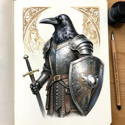 a armoured crow, d & d, with sword and sheild, pencil and ink, very detailed, greg rutkowski and alphonse mucha, david finch,