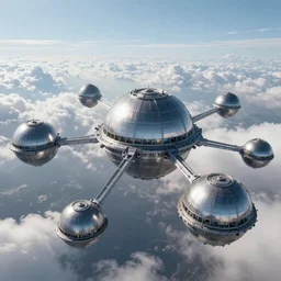 Hundreds of Spherical metal space ships, connected with bridges, in the clouds, 8k, octane