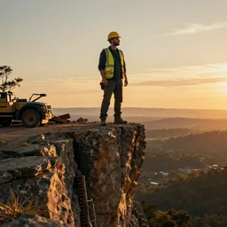 Mac Miller dressed as a construction worker standing on the edge of a cliff at sundown, very intricate, very detailed, cinematic,