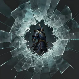 a highly detailed illustration of shattered glass with hole in center showing lone samurai, intricate, elegant, highly detailed, centered, digital painting, artstation, concept art, smooth, sharp focus, league of legends concept art, wlop.
