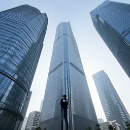 a persons view of futuristic skyscrapers from below, looking up, aesthetic