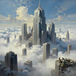 cinematic view of a brutalist futuristic cityscape in clouds, tim hildebrandt, wayne barlowe, syd mead, john harris, bruce pennington, donato giancola, larry elmore, oil on canvas, artstation, pixiv, cinematic composition, dramatic, beautiful lighting, sharp, details, hd, hdr, 4 k