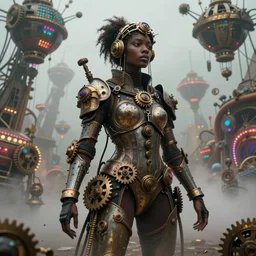 by tom bagshaw, photorealist vivid render of a carnival of curiosities, single curvy flirt etheral young steampunk african female in a full ornated armor, gears, cables, led, flying machinery, partial symmetry accurate features, very intricate details, focus, award winning, ultra dense fog, trending on behance