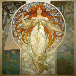 Alphonse Mucha, art nouveau, cardstock, pretty female Hayley Williams Paramore, smile, symmetrical, victorian dress, long red hair, full body action pose