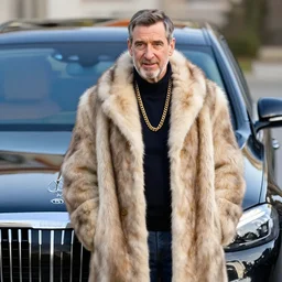 mr. rogers in a fur coat, gold chains, standing near his maybach