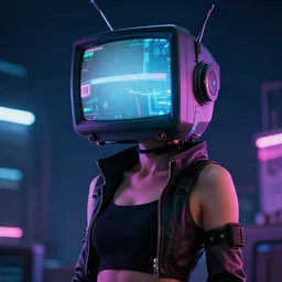 a cyberpunk woman, there is a TV covering her head that she wears as a helmet