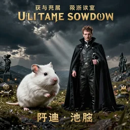 movie poster of the ultimate showdown of a white hamster versus voldemort
