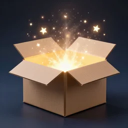 a magical cardboard box, glowing, magic, stars, magical, realistic, 8k, detailed