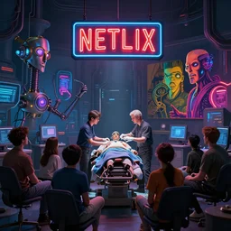 a group of people sitting watching disney being operated on, a neon sign that says netflix hangs above, cyberpunk art by rube goldberg, cgsociety, beeple art, computer art, dystopian art, reimagined by industrial light and magic, concept art