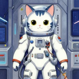 a beautiful ukiyo painting of cyberpunk battle space cat wearing space techwear detailed symmetrical close up portrait intricate complexity by takato and michael hutter