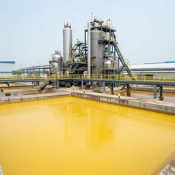 photo of a waste facility, catwalks and yellow pools of sludge