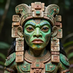 portrait photography of an ancient mayan alien creature, ritualisic mayan psychedelic, green skin, detailed face, clear eyes, clear mouth, aztec tatoos, mayan body painting, tenochtitlan, looking towards the camera. high details, demigod.
