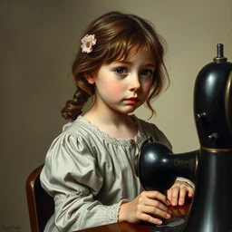 one little girl sitting at a sewing machine in jan vermeer style, oil paint, muted olive background, highly detailed, close up face