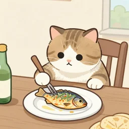 a cute painting of a cat stealing a cooked fish from a plate on  a dinner table